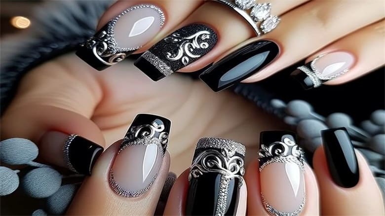 black and silver nails